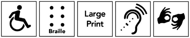 ADA symbols for mobility, braille, large print, hearing, and ASL